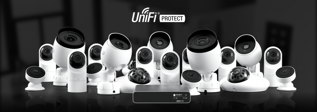 Unifi surveillance cameras lined up, a display of options.