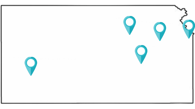 Icon outline of Kansas map with pins for NCS regions served.