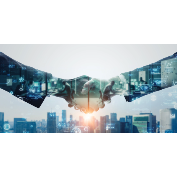 A handshake with different business images overlayed behind it, representing Enterprise Networking.