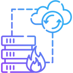 Icon with a server on fire but connected to a cloud, showing a disaster recovery data backup.