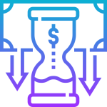 Icon of a dollar and hourglass with arrows going down, representing cost effective solutions